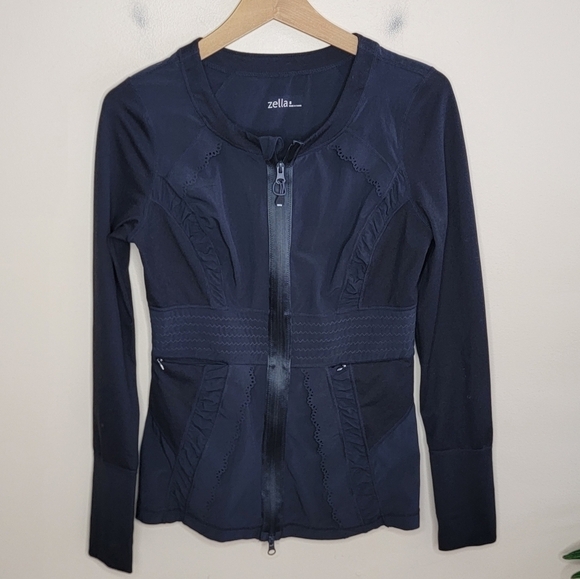 Zella Jackets & Blazers - Zella | Black Zip Front Jacket with Ruched & Laser Cut Details Size Small